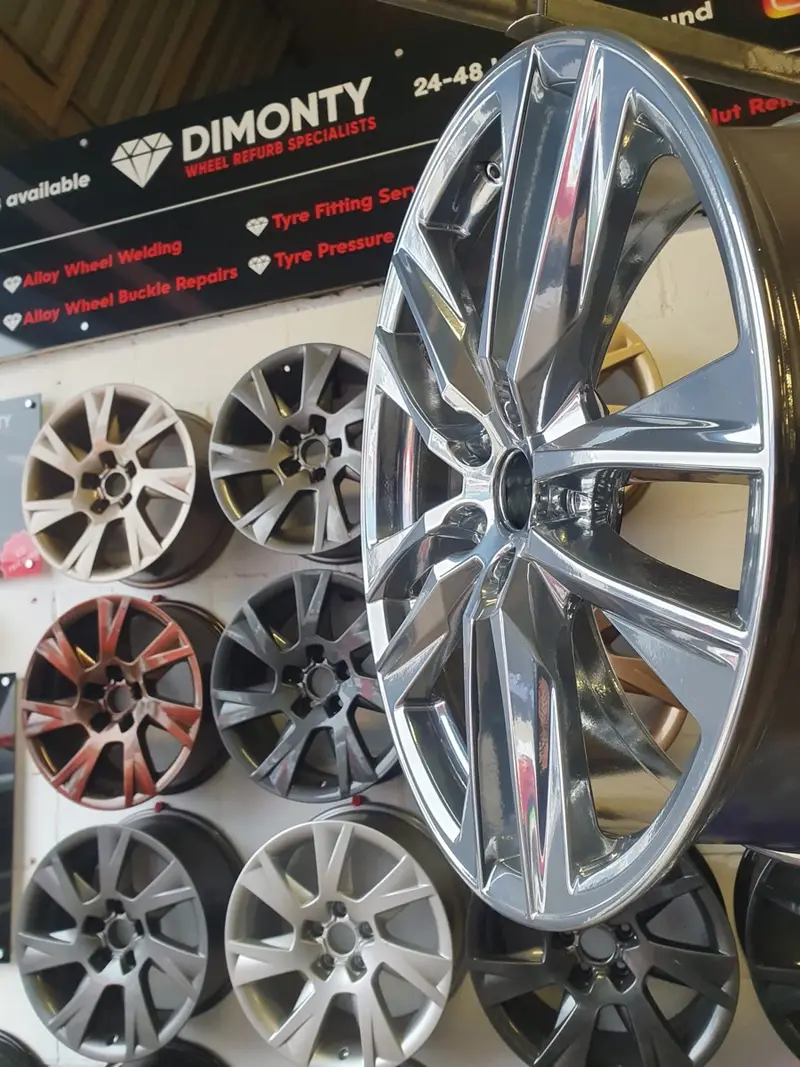 Powder coated alloy wheel set refinished by Dimonty Alloys